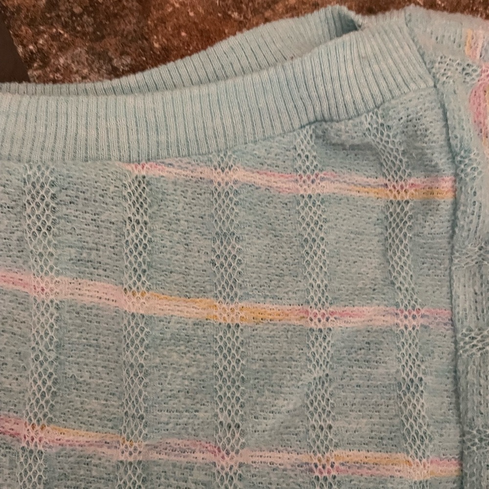 Vintage powder blue knit striped boat neck pullover 3/4 sleeve batwing style - Picture 6 of 8